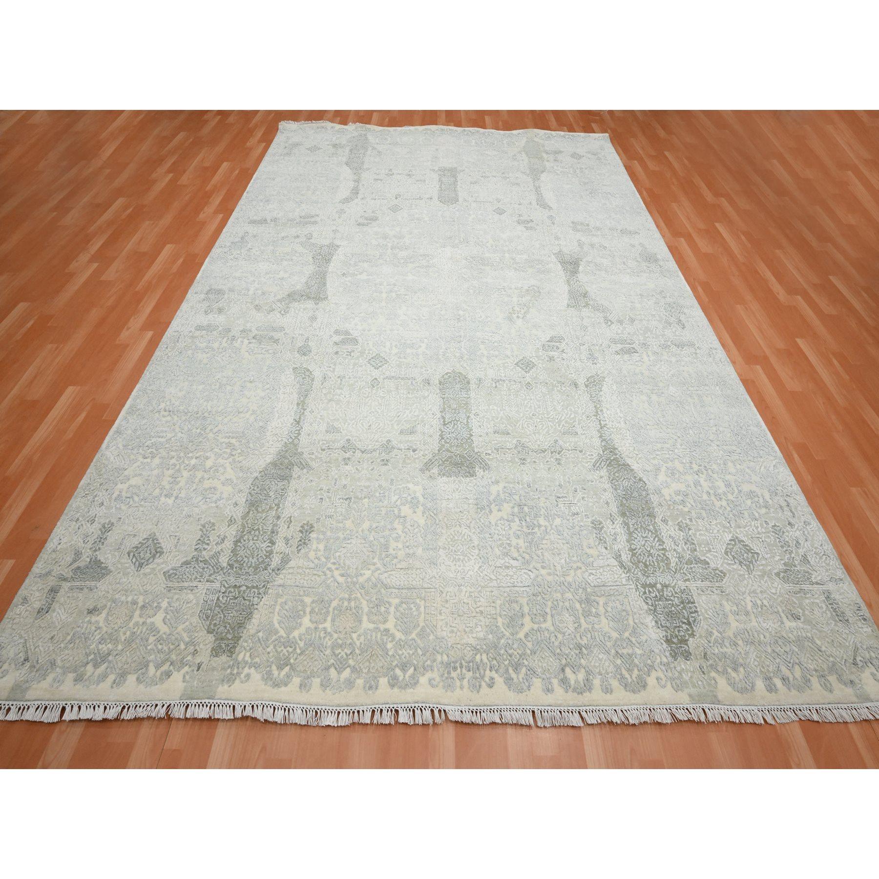 Alabaster White, Jewelry Design, Wool and Silk, Hand Knotted, Densely Woven, Oriental Rug
Primary materials: Wool & Silk
Latex: No Pile 
height: 0.25 Inches
Style: Contemporary
Primary color: Ivory
Secondary colors: Gray, Brown
Pattern: Oriental