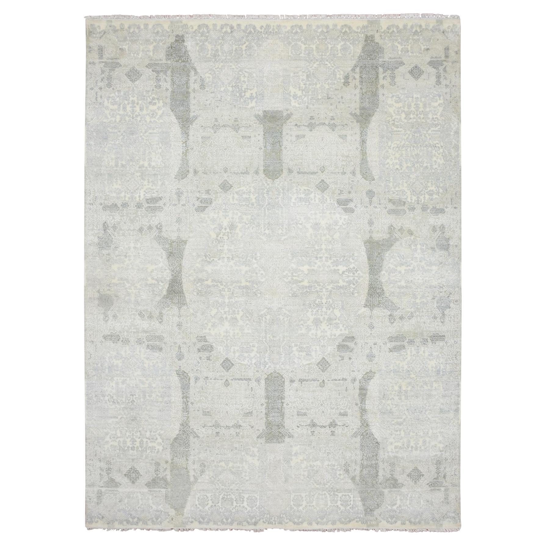 8'10"x12' Alabaster White Jewelry Design Wool and Silk Hand Knotted Oriental Rug For Sale