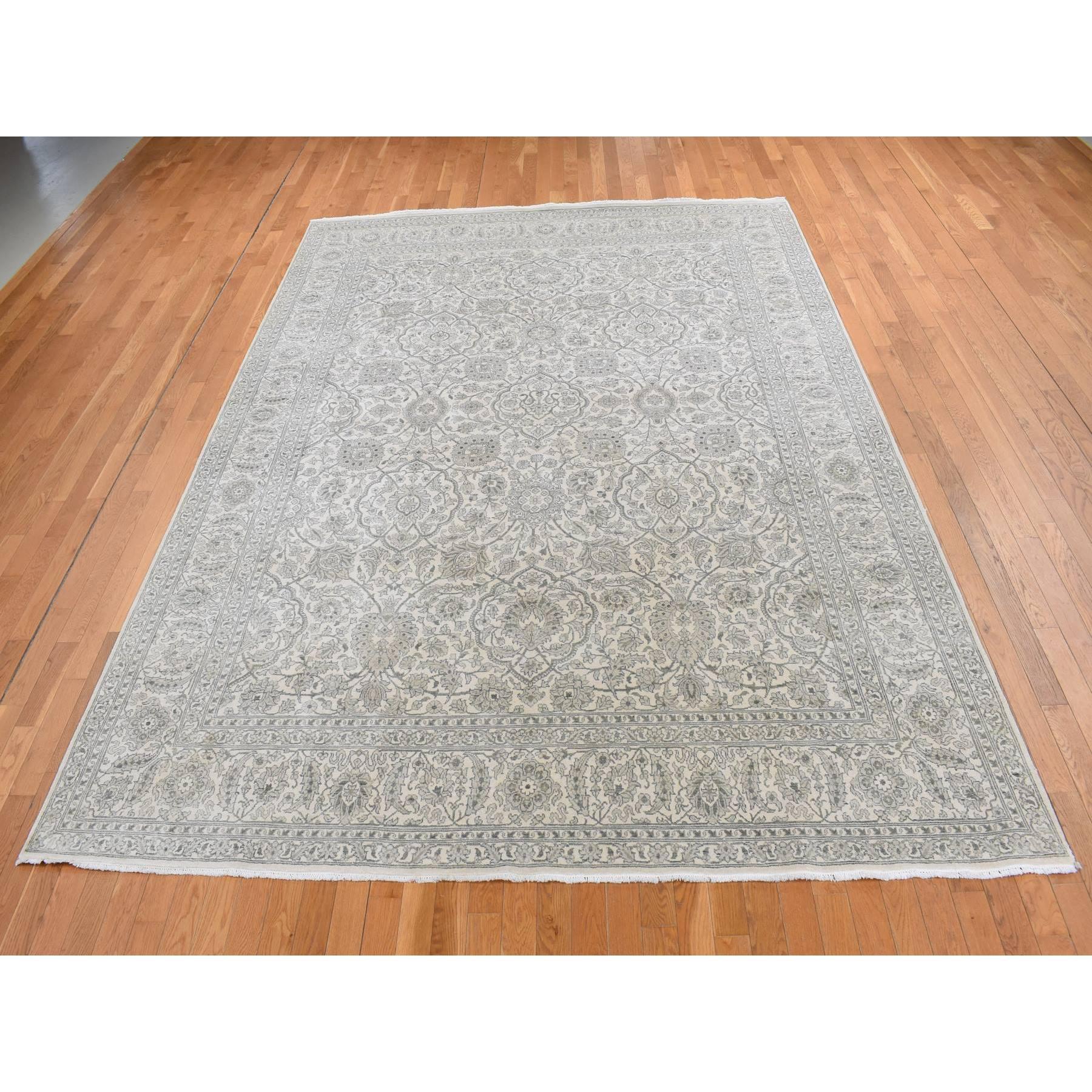 Ash Gray, Arabesque Motif, Pure silk Tone on Tone Hand Knotted Oriental Rug
Primary materials: Silk
Latex: No Pile 
height: 0.25 Inches
Style: Traditional
Primary color: Ivory
Secondary colors: Green, Gray
Pattern: Oriental