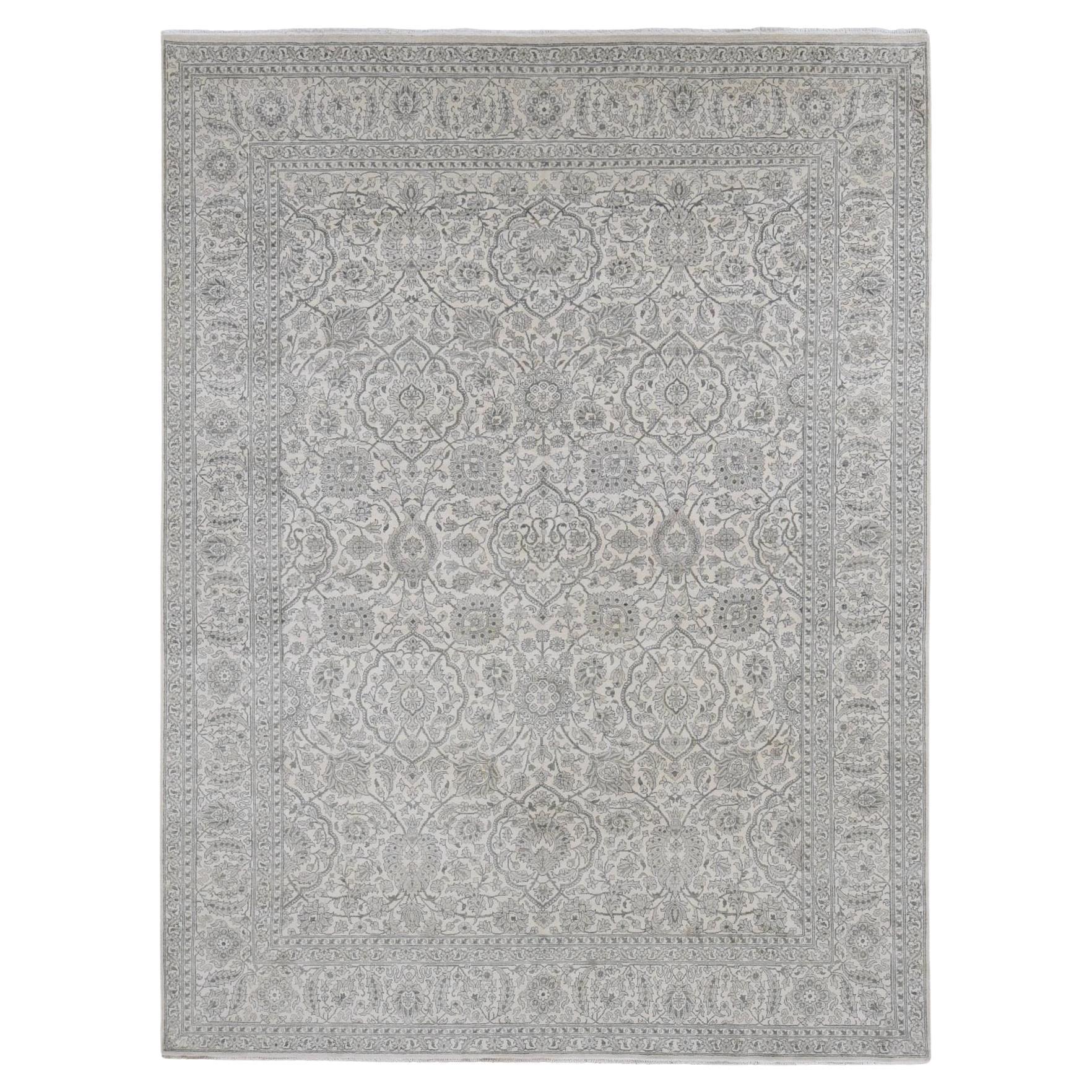 8'10 "x12' Alfombra Oriental de Seda Anudada a Mano con Motivos Arabescos Gris Ceniza Tono sobre Tono