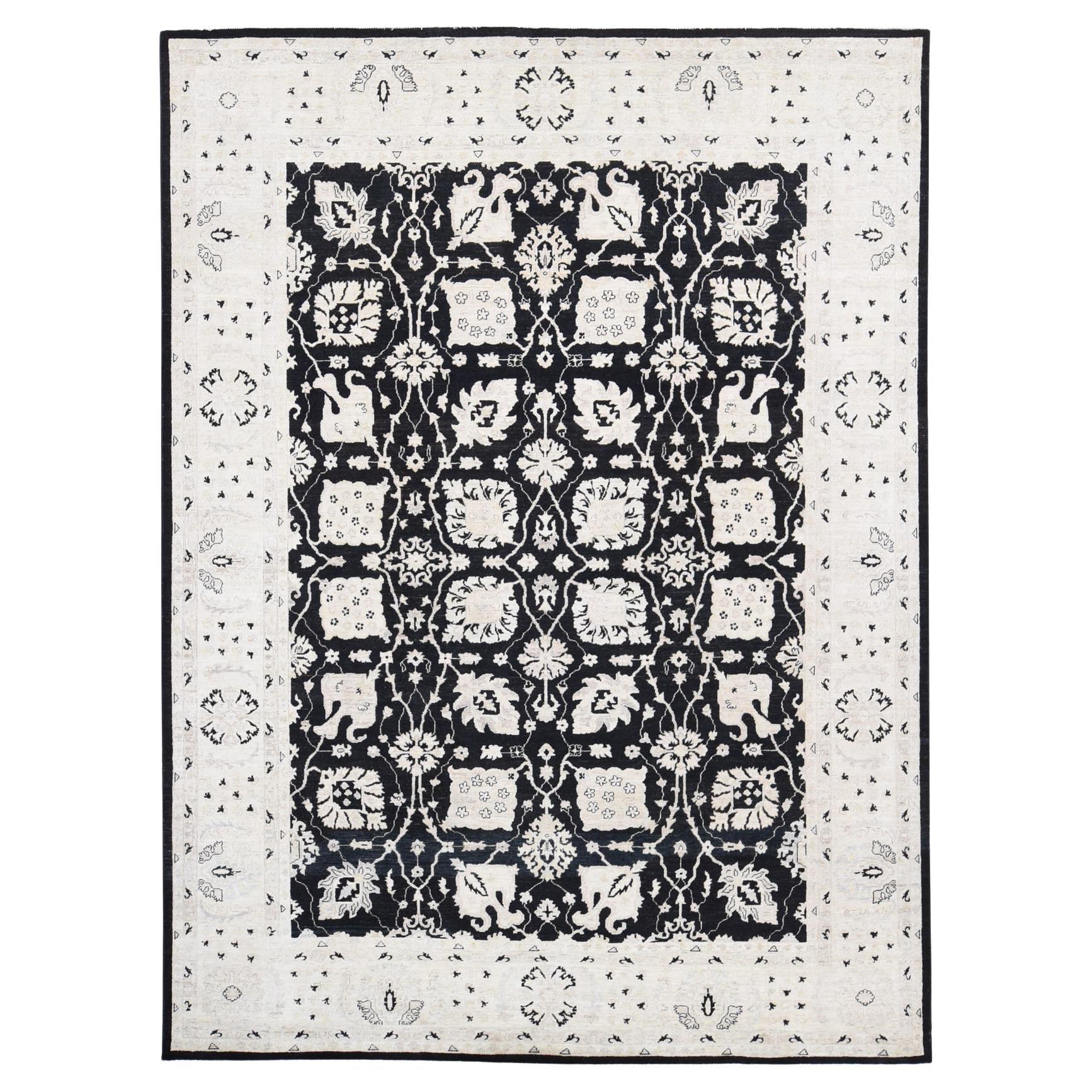 8'10"x12' Black Pure Wool Hand Knotted Afghan Peshawar Oriental Rug For Sale