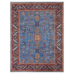 8'10"x12' Blue Afghan Peshawar with Heriz All Over Design Hand Knotted Wool Rug