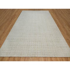 8'10"x12' Bone White Vertical Stripes Design Hand Loomed Natural Wool Rug