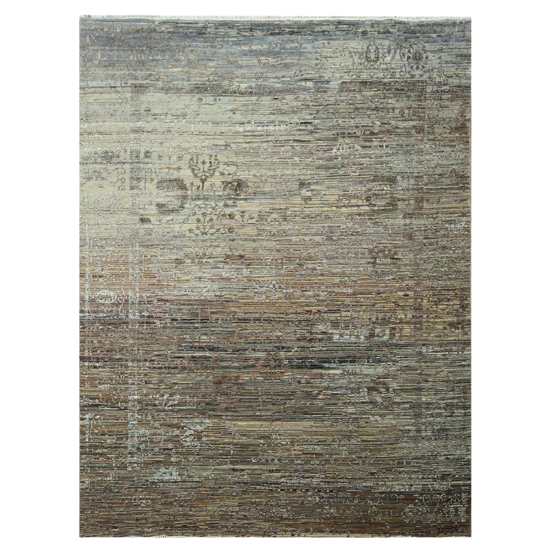 8'10 "x12' Brown Erased and Broken Line Design Wool & Silk Hi-Lo Hand Knotsted Rug en vente