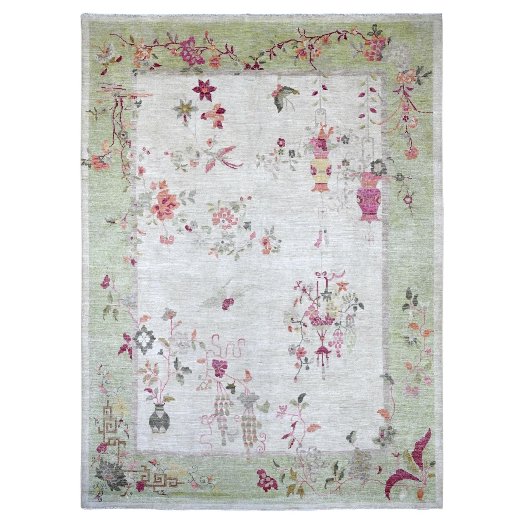 8'10 "x12' Tapis oriental en laine grise Peshawar, inspiré de l'art déco chinois, noué à la main