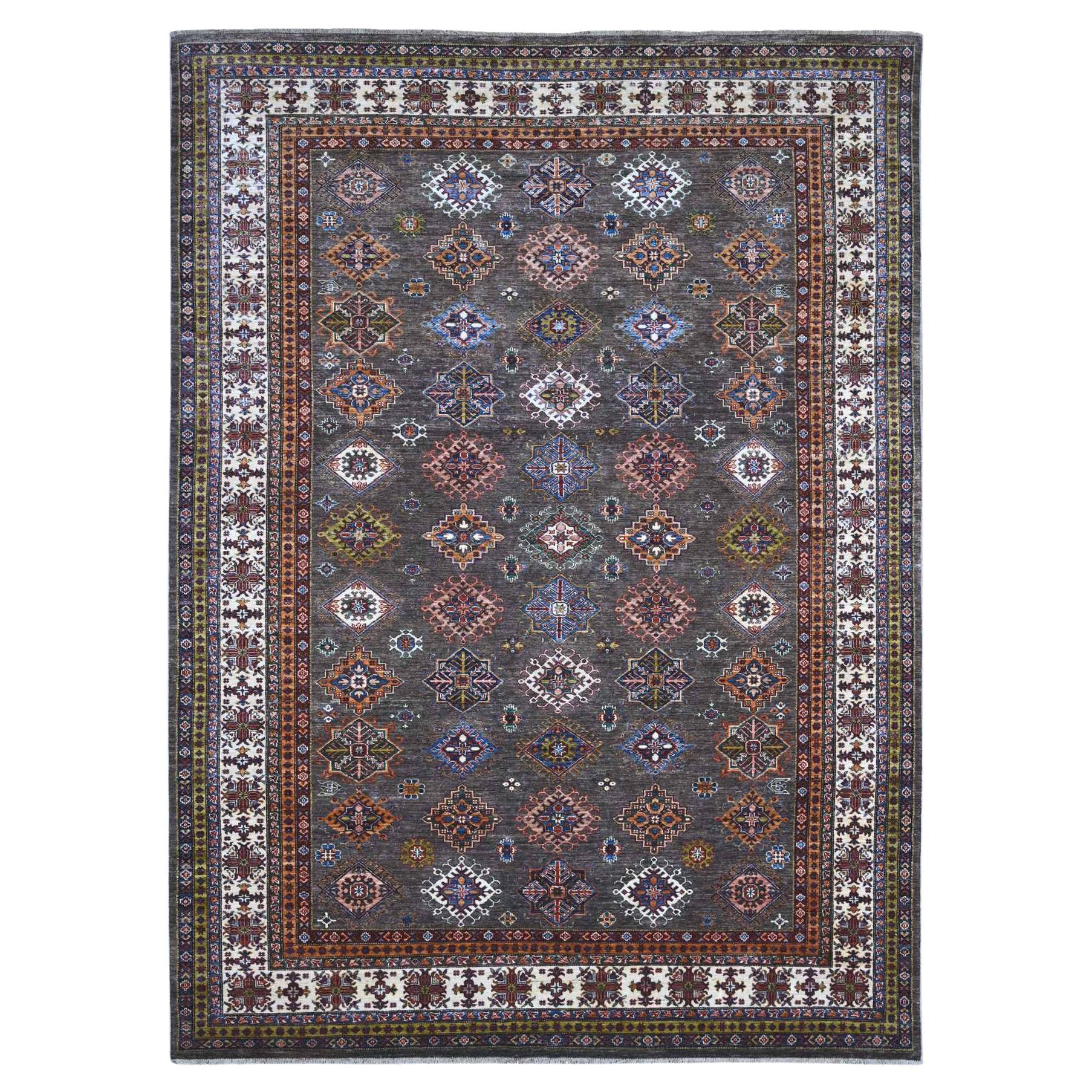 8'10"x12' Gray Shingle Super Kazak Hand Knotted Medallions Wool Oriental Rug