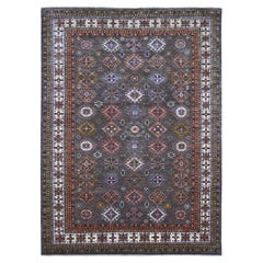 8'10"x12' Gray Shingle Super Kazak Hand Knotted Medallions Wool Oriental Rug