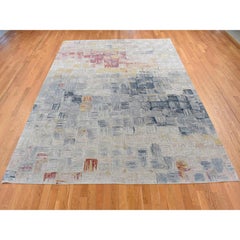 8'10"x12' Gray, THE STRIPED SQUARES, Wool and Pure Silk, Hand Knotted Rug