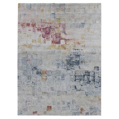 8'10"x12' Gray, THE STRIPED SQUARES, Wool and Pure Silk, Hand Knotted Rug