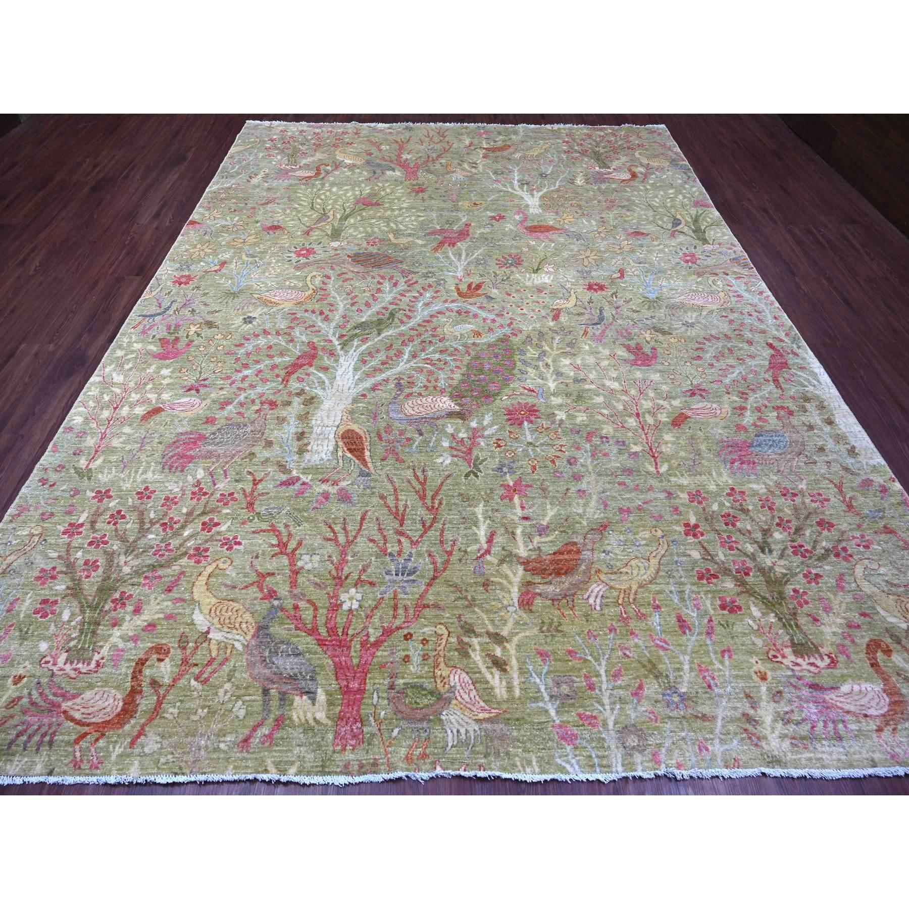 Pickle Green, Hand Knotted, Afghan Peshawar with Colorful Birds of Paradise Design, Soft Wool, Natural Dyes, Oriental Rug
Primary materials: Wool
Latex: No Pile 
height: 0.25 Inches
Style: Transitional
Primary color: Green
Secondary colors: Red,