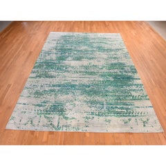 8'10"x12' Green Erased Chevron Design Hand Knotted Silk with Textured Wool Rug