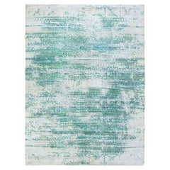 8'10"x12' Green Erased Chevron Design Hand Knotted Silk with Textured Wool Rug