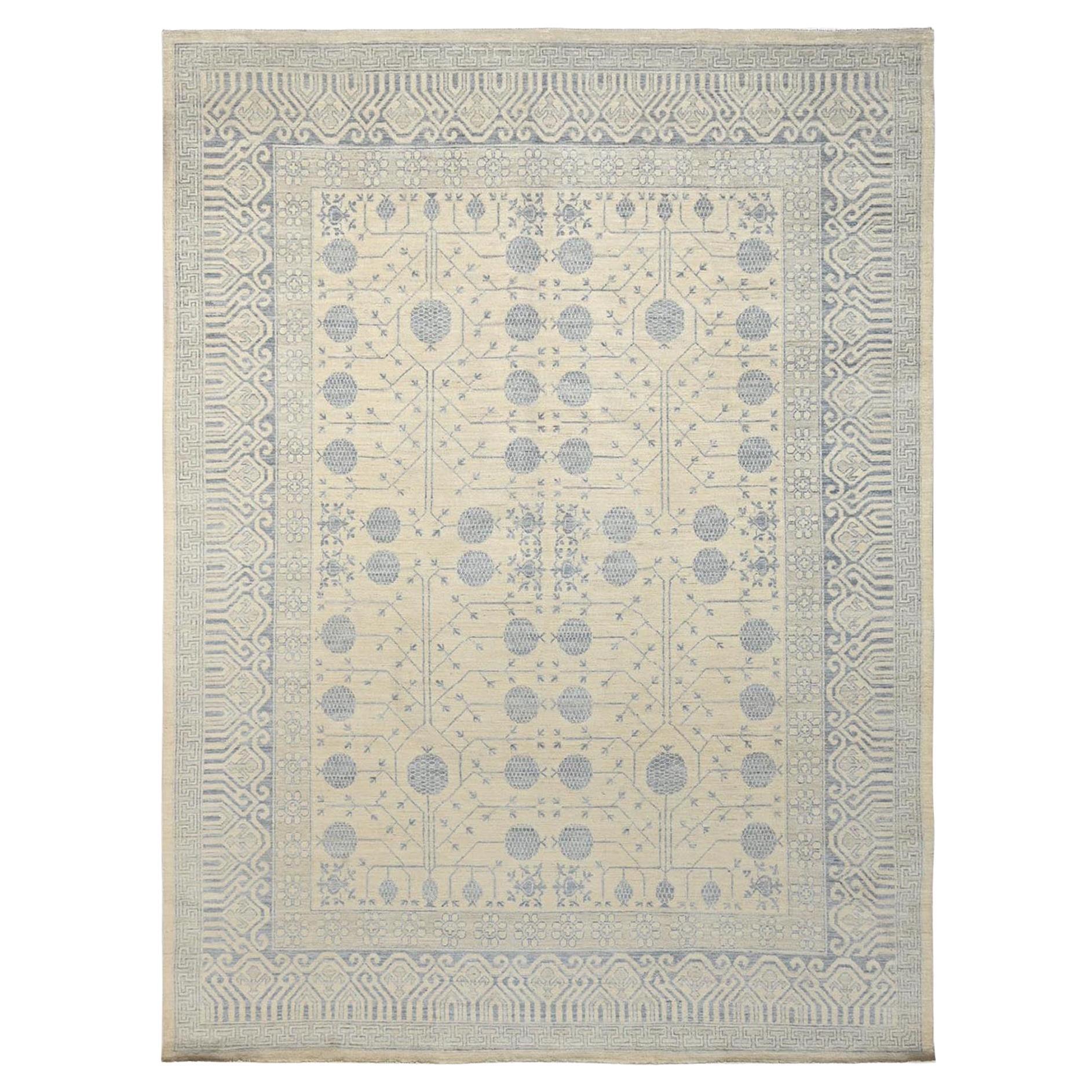 8
10"x12
 Ivory Khotan with Pomegranate Design White Wash Peshawar Pure Wool Rug For Sale