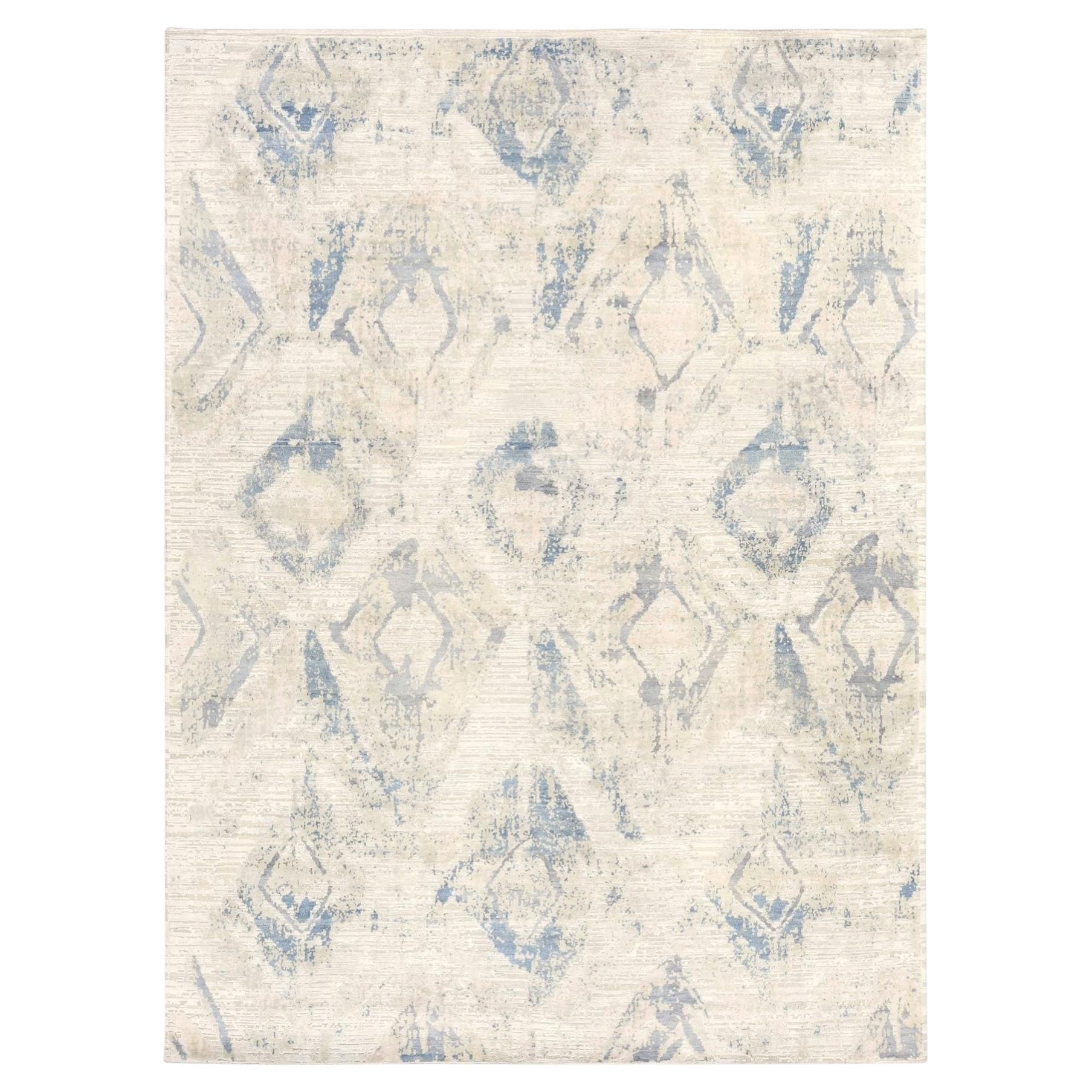 8'10"x12' Ivory Modern Design Hand Knotted Silk with Textured Wool Oriental Rug