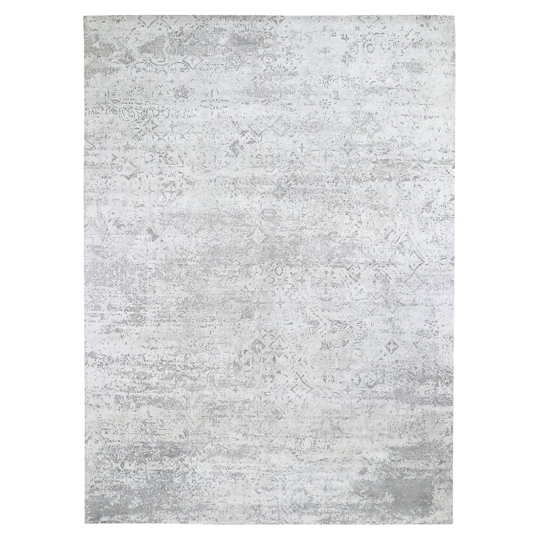 8'10"x12' Ivory Silk-Textured Wool Dimensional Design Hand Knotted Oriental Rug