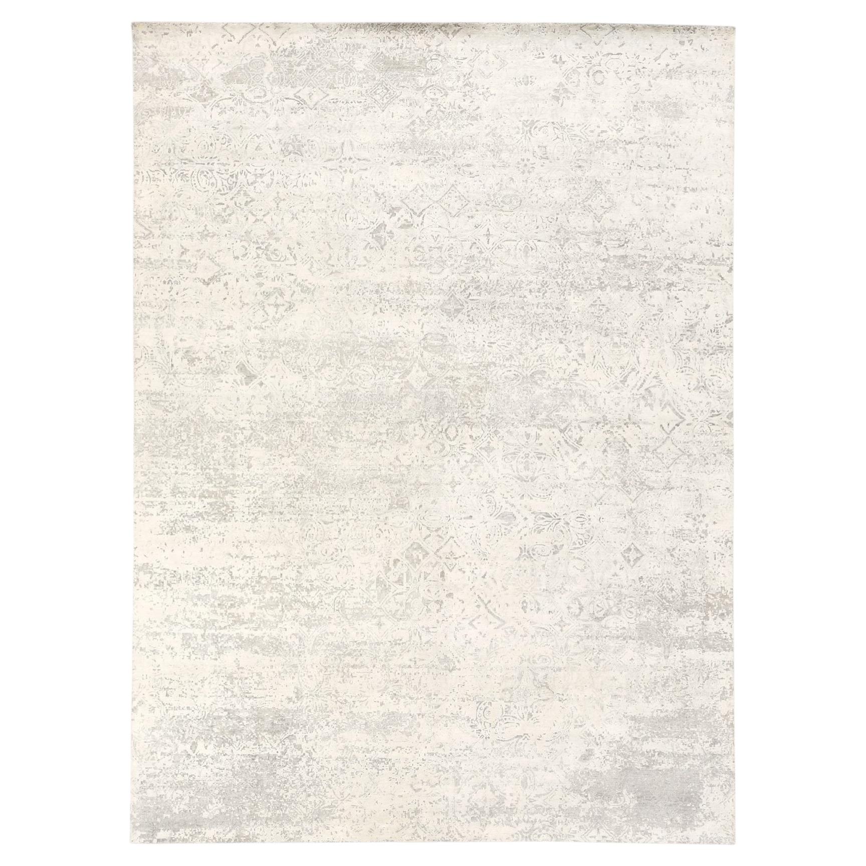 8'10"x12' Ivory Silk & Textured Wool Modern Dimensional Design Hand Knotted Rug