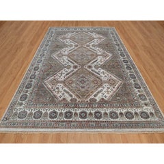 8'10"x12' Ivory Unique Flower Rosettes Border Design Hand Knotted Pure Wool Rug