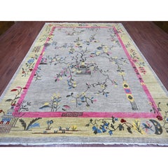 8'10"x12' Misty Gray Chinese Art Deco Inspired Peshawar Hand Knotted Wool Rug