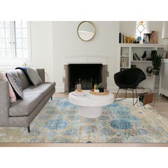 8'10"x12' Olive Gray With Touch Of Blue Snowflake Silk With Textured Wool Rug