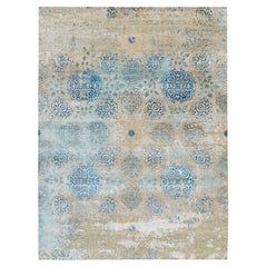Tapis 8'10 "x12' Gris olive avec touche de bleu Flocon de soie et laine texturée