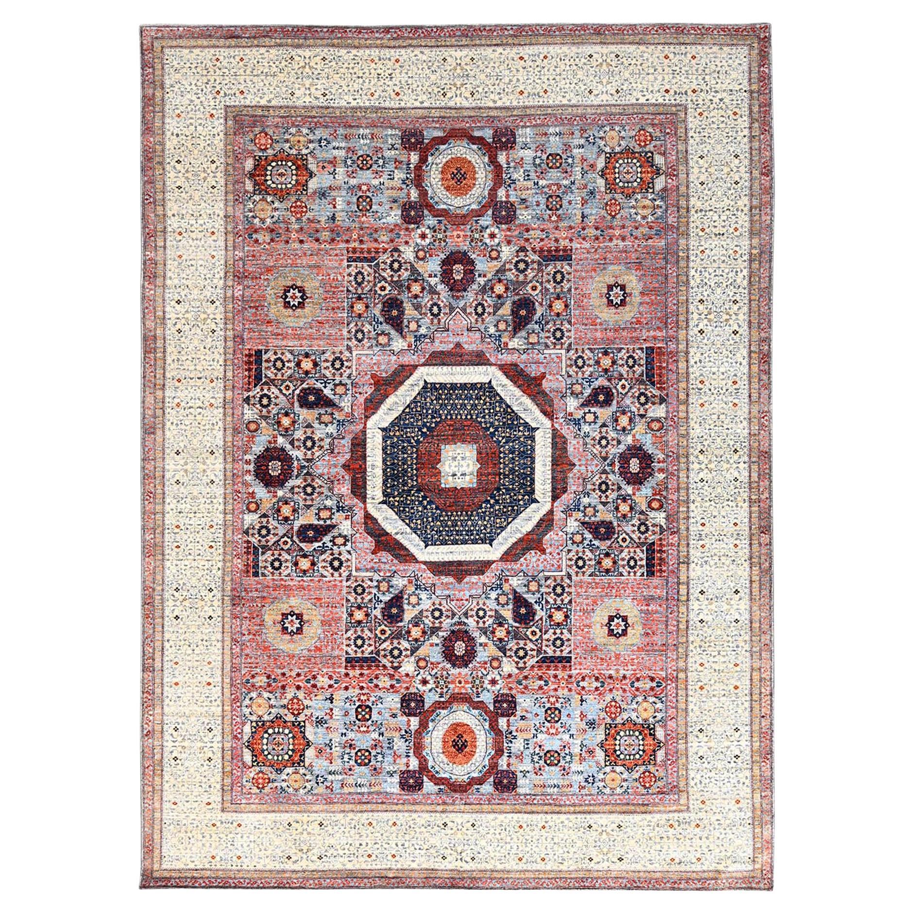 8'10"x12' Red, Natural Wool, Mamluk Design, Hand Knotted, Oriental Rug For Sale