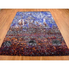 8'10"x12' Sapphire Blue Hand Knotted Galactical Modern Design Sari Silk Rug