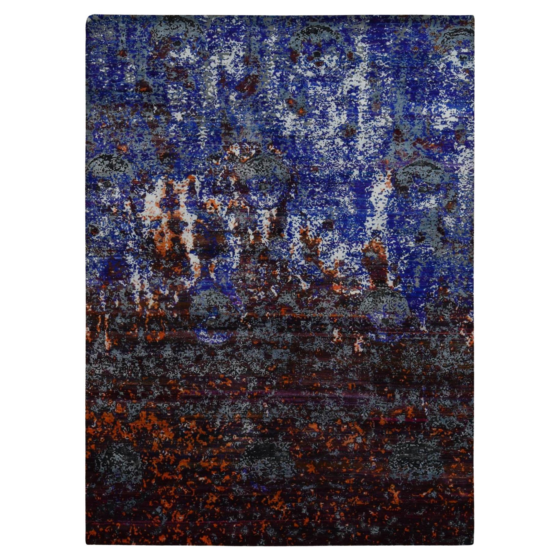 8'10"x12' Sapphire Blue Hand Knotted Galactical Modern Design Sari Silk Rug