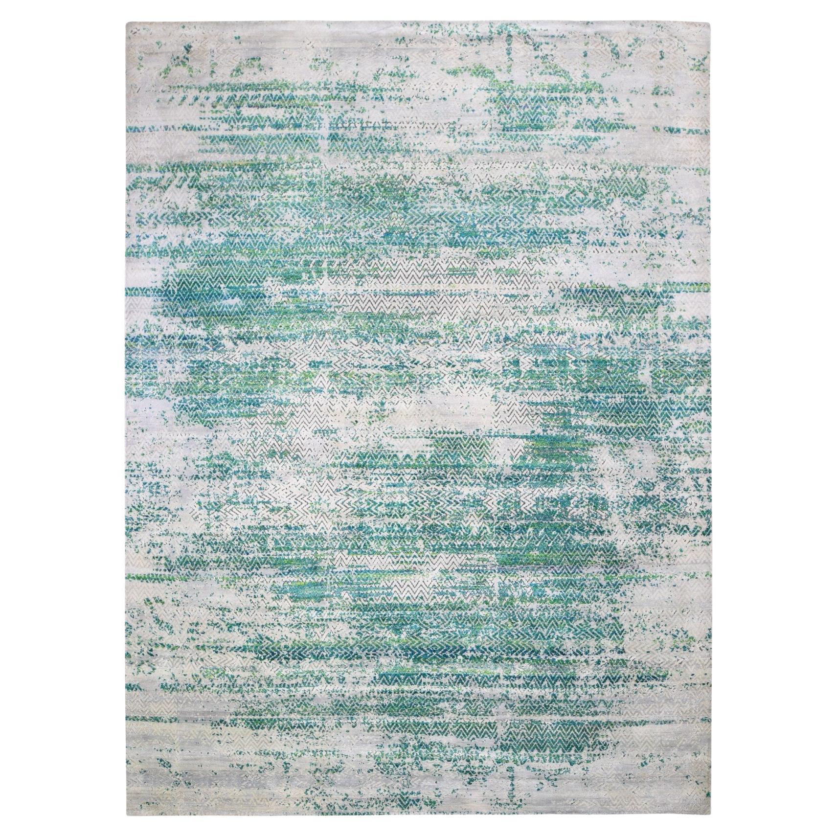 8'10 "x12' Sari Silk With Textured Wool Green Erased Chevron Design Oriental Rug
