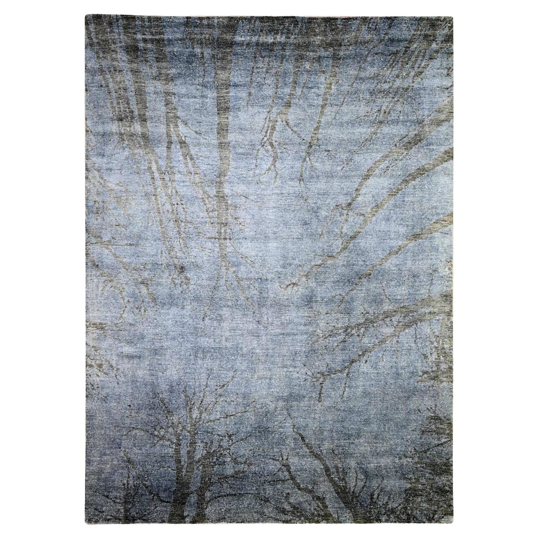 8'10"x12'1" Blue Gray Modern Tree Dusk Design All Wool Hand Knotted Oriental Rug