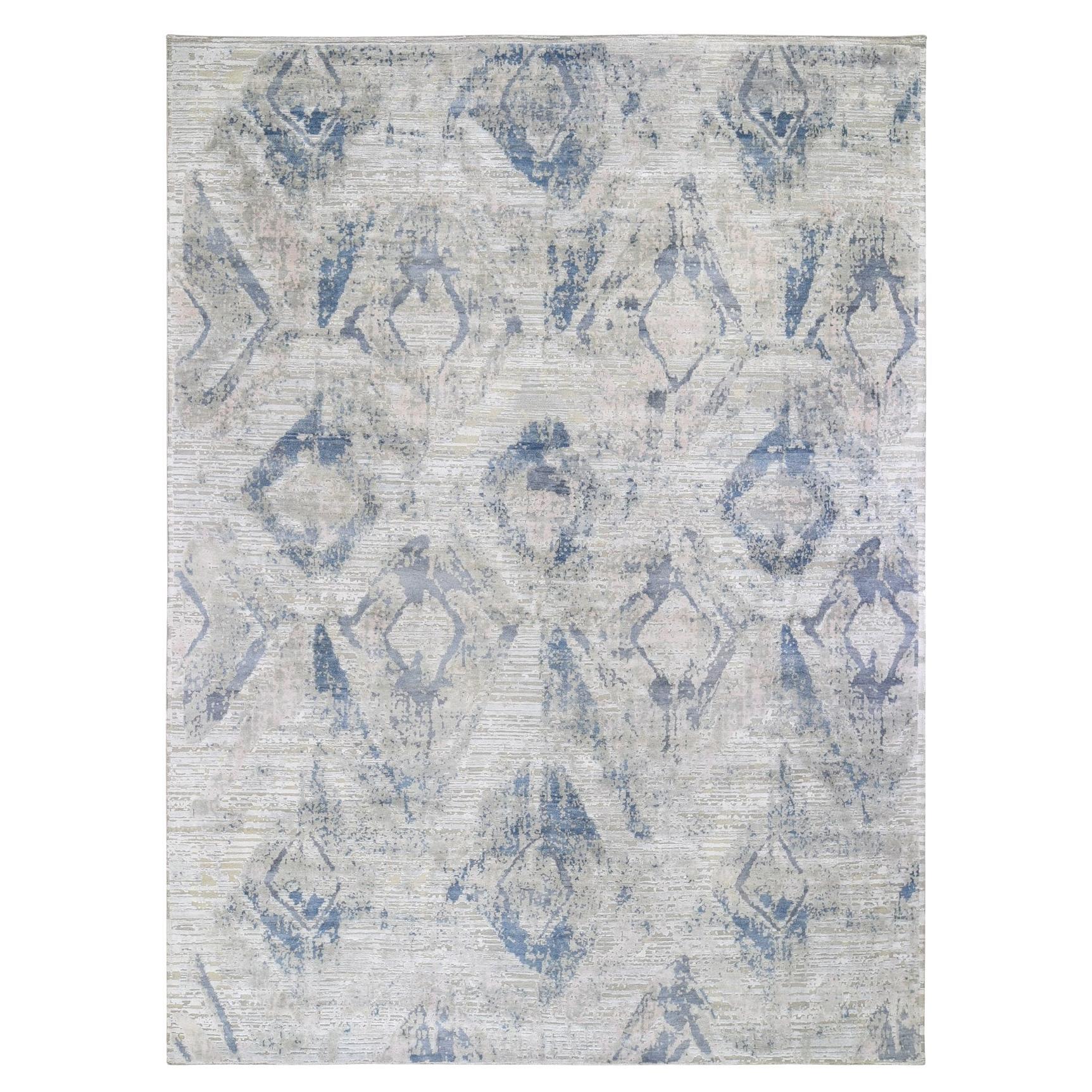 8'10"x12'1" Ivory Large Elements with Pastels Silk With Textured Wool Modern Rug
