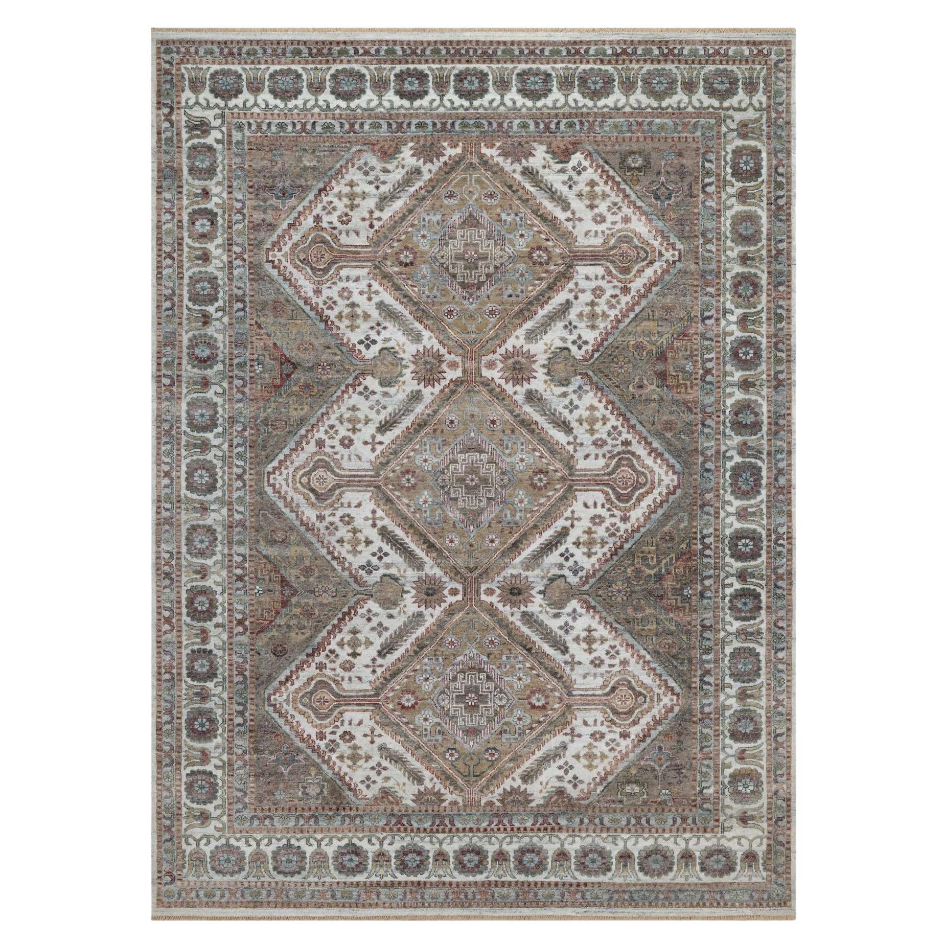 8'10"x12'1" Ivory Unique Flower Rosettes Border Design Hand Knotted Wool Rug