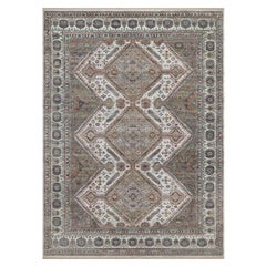 8'10"x12'1" Ivory Unique Flower Rosettes Border Design Hand Knotted Wool Rug