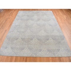 8'10"x12'1" Silver Gray, Gold Leaf Design, Pure Silk, Hand Knotted, Rug