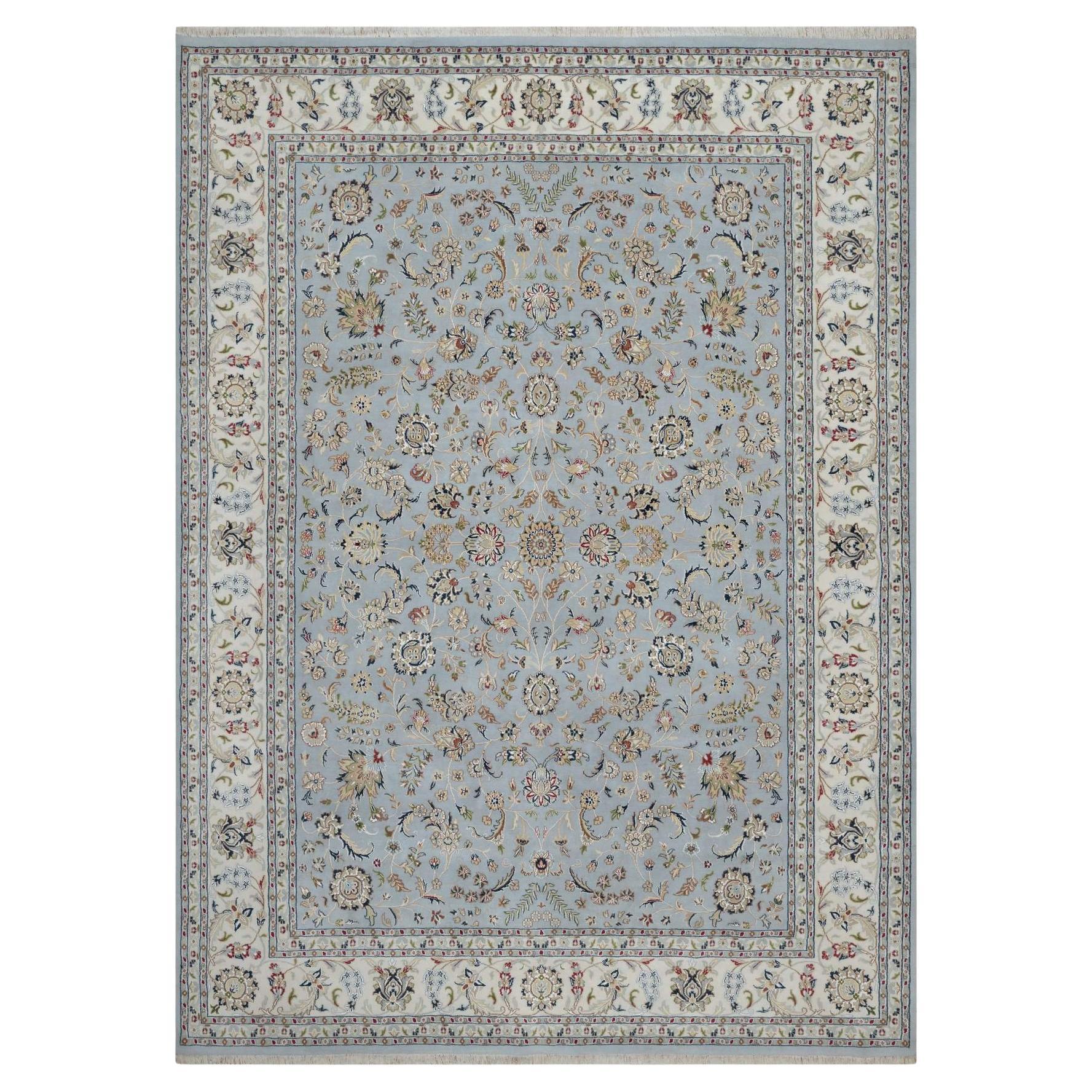 8
10 "x12
1" Steinblauer Nain mit Blumenmuster Handgeknüpfter Teppich aus Wolle und Seide