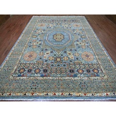 8'10 "x12'2" Alfombra azul de pura lana anudada a mano con motivos de la dinastía mameluca del siglo XIV