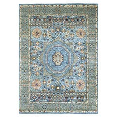 8'10 "x12'2" Alfombra azul de pura lana anudada a mano con motivos de la dinastía mameluca del siglo XIV
