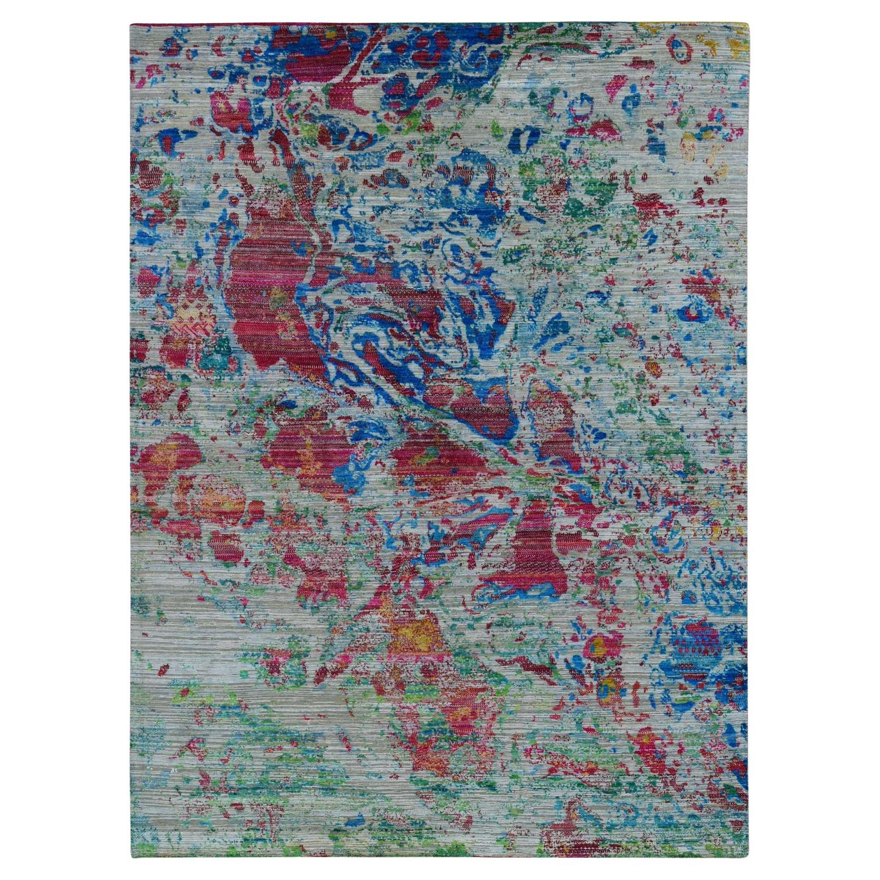 8'10 "x12'2" Gris Cinéreo, Diseño Abstracto, Seda con Lana, Alfombra Anudada a Mano