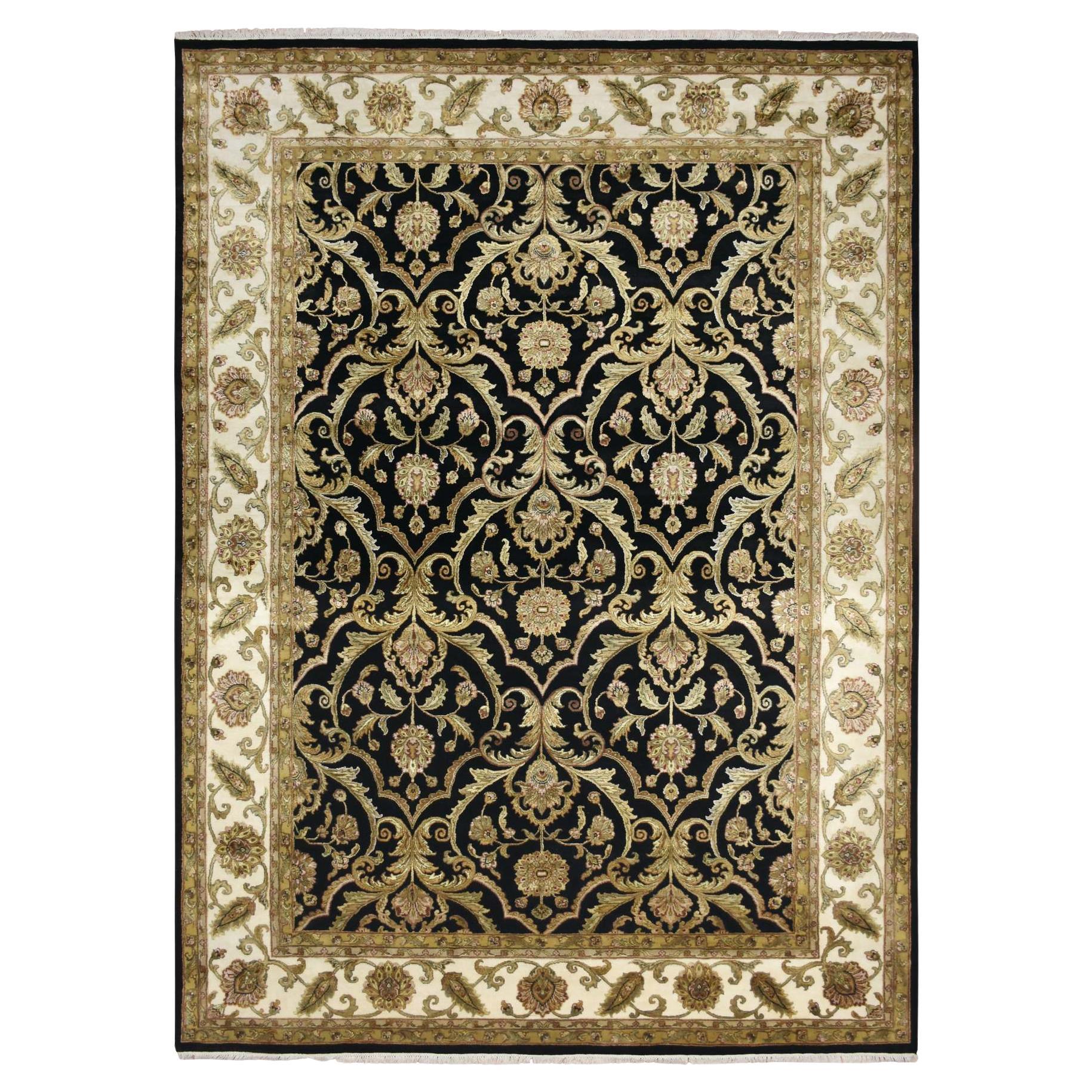 8'10 "x12'2" Onyx Black Rajasthan Leaf Design Thick and Plush Hand Knots Rugs (tapis noué à la main)
