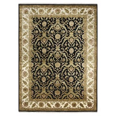 8'10"x12'2" Onyx Schwarz Rajasthan Blatt Design Dicker und plüschiger handgeknüpfter Teppich