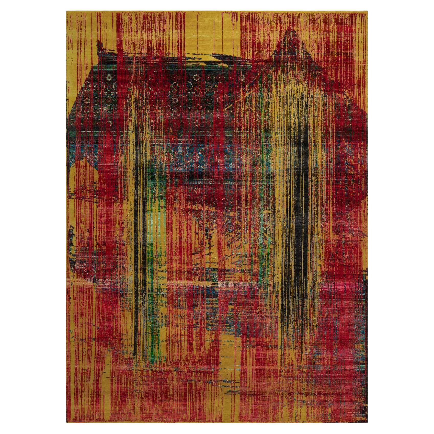 8
10"x12
2" Red-Gold Bleeding Line Erased Design Hand Knotted Wool and Silk Rug