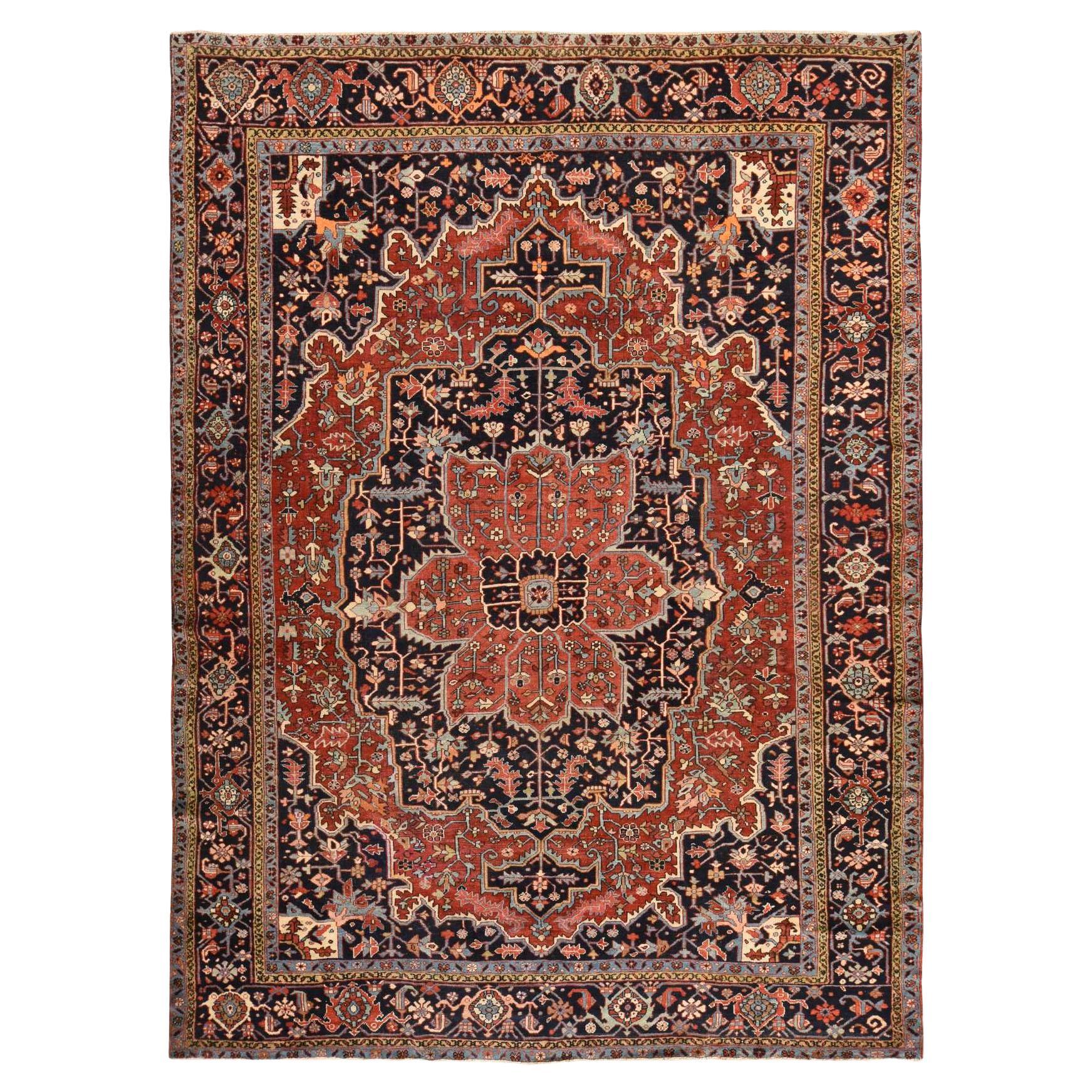 8'10"x12'2" Samba Red Antique Persian Heriz Hand Knotted Wool Clean Oriental Rug For Sale