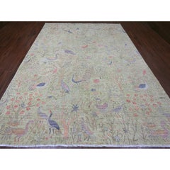 8'10"x12'3" Green Tree of Life Peshawar Birds Design Hand Knotted Soft Wool Rug