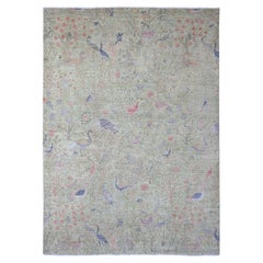 8'10"x12'3" Green Tree of Life Peshawar Birds Design Hand Knotted Soft Wool Rug
