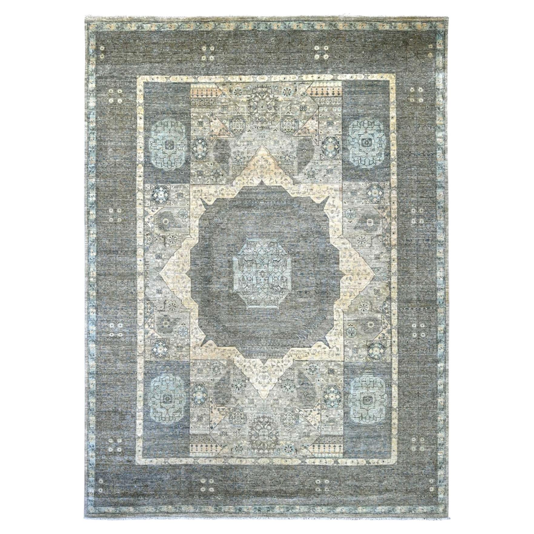 8'10"x12'3" Ivory 14th Century Mamluk Dynasty Pattern Hand Knotted Pure Wool Rug
