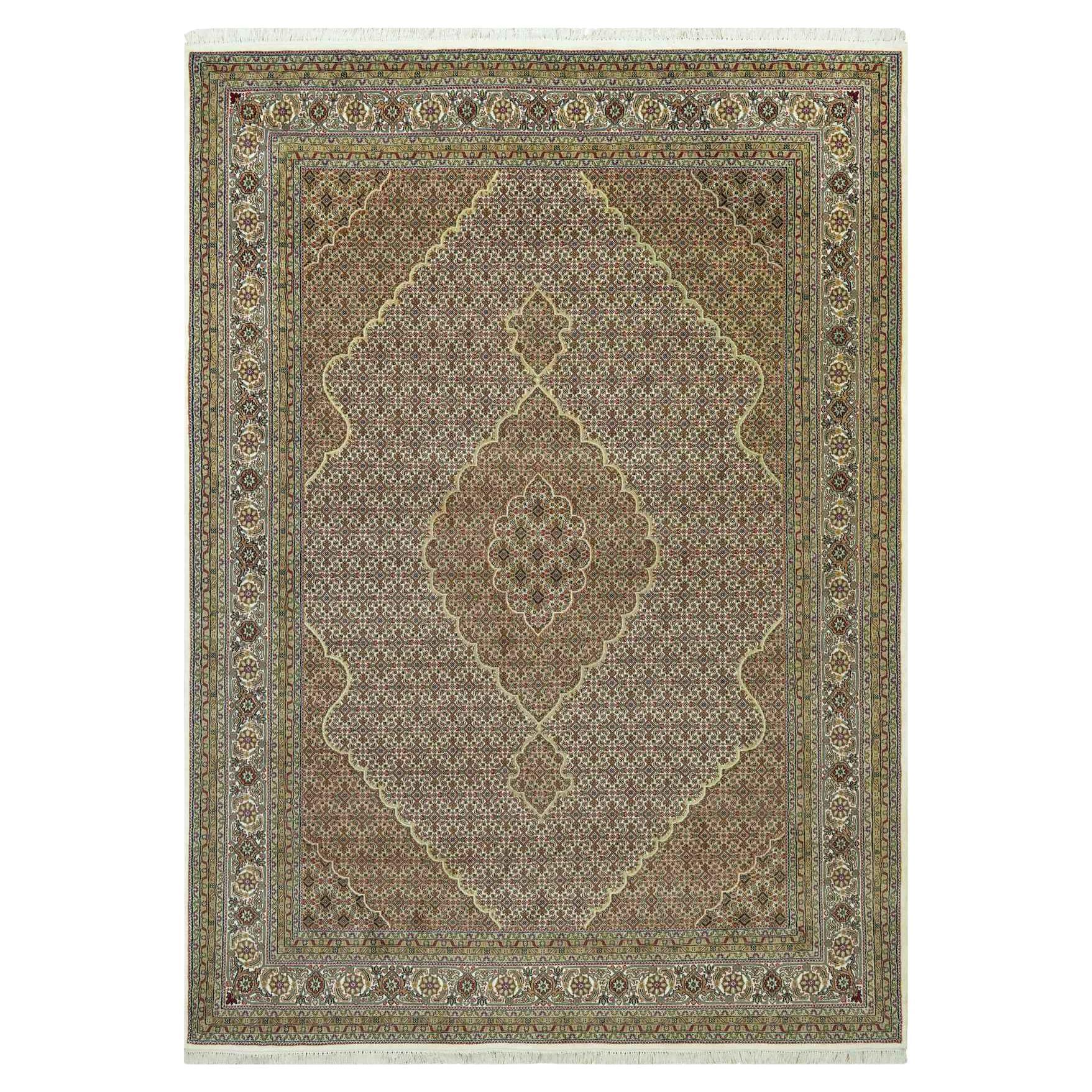 8'10"x12'3" Oyster White Tabriz Mahi Fish Medallion Design Wool Hand Knotted Rug