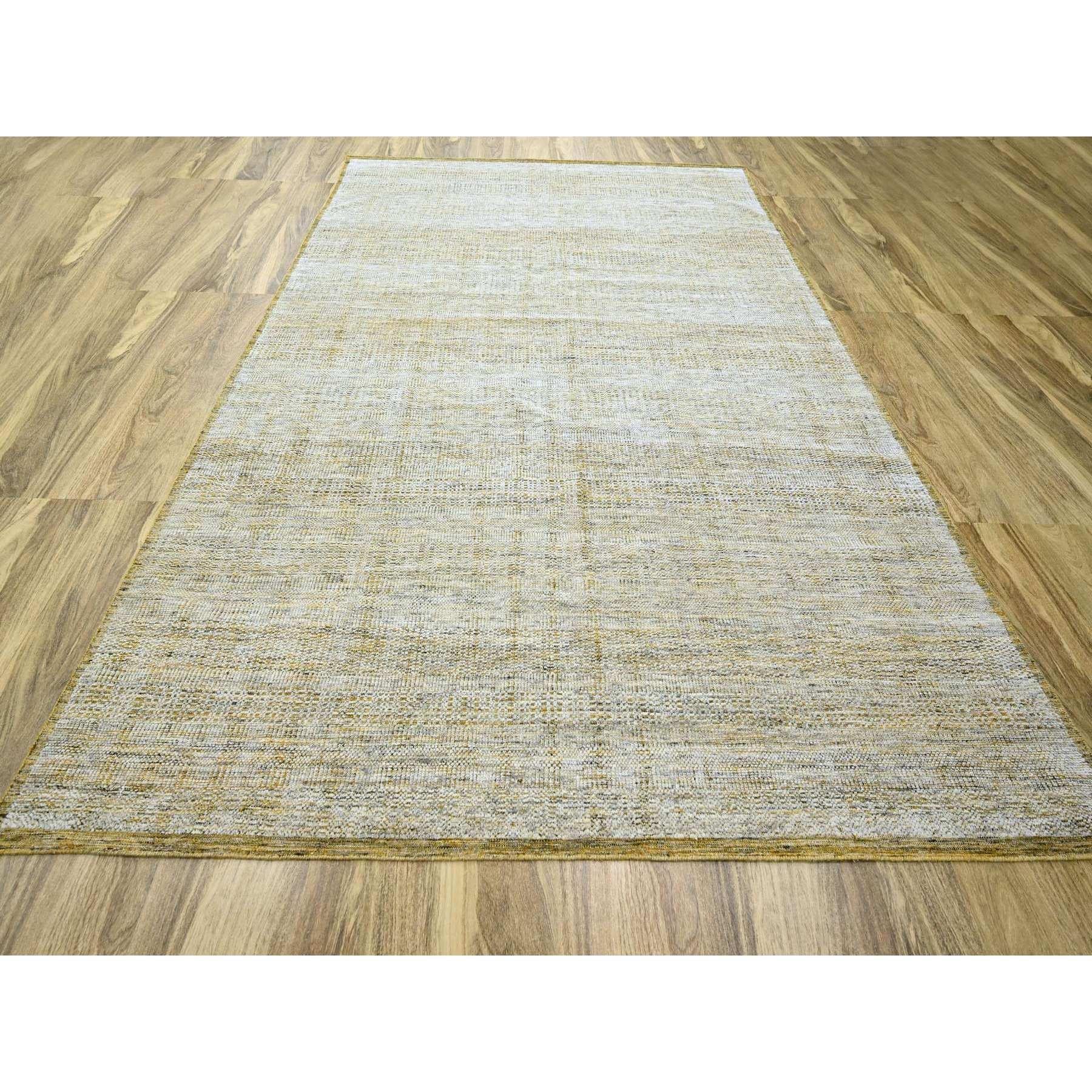 Powder White with Golden Yellow, Hand Knotted, Oxidized and Distressed Grass Design with Exposed Warps, Pure Wool, Oriental Rug
Primary materials: Wool
Latex: No Pile 
height: 0.25 Inches
Style: Contemporary
Primary color: Yellow
Secondary colors:
