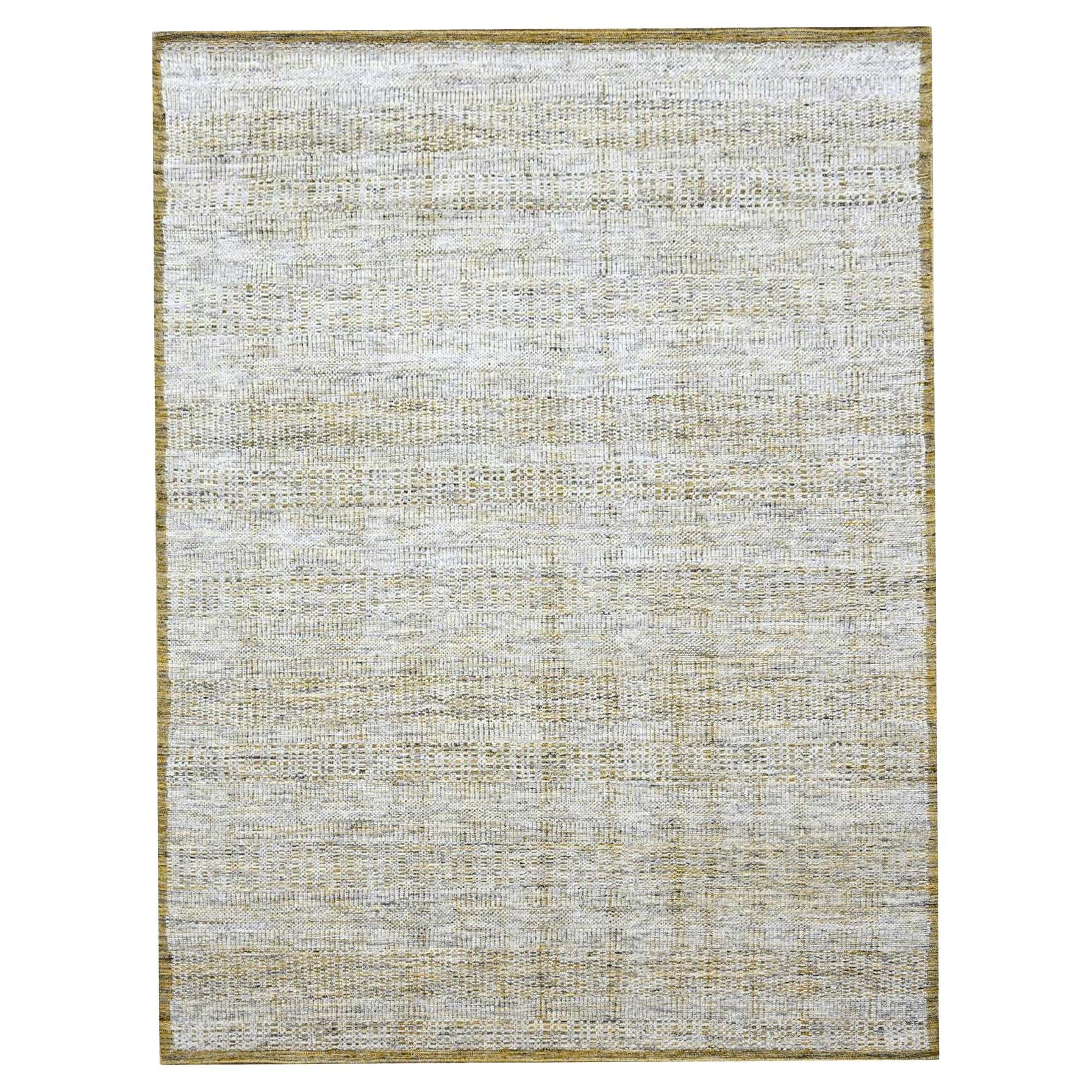 8'10"x12'3" White & Golden Hand Knotted Oxidized Grass Design Wool Oriental Rug