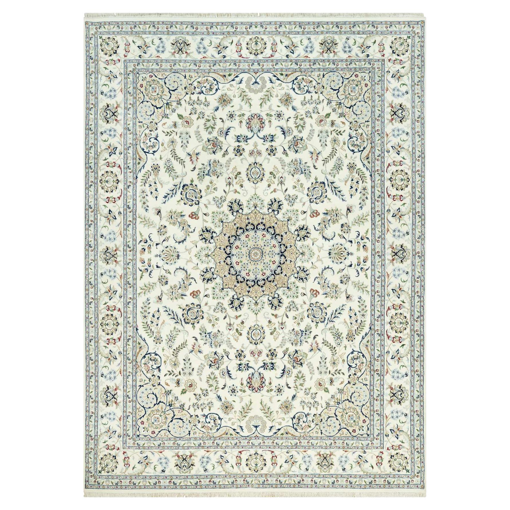 8'10"x12'3" White Hand Knotted Nain Large Medallion Design Wool Oriental Rug
