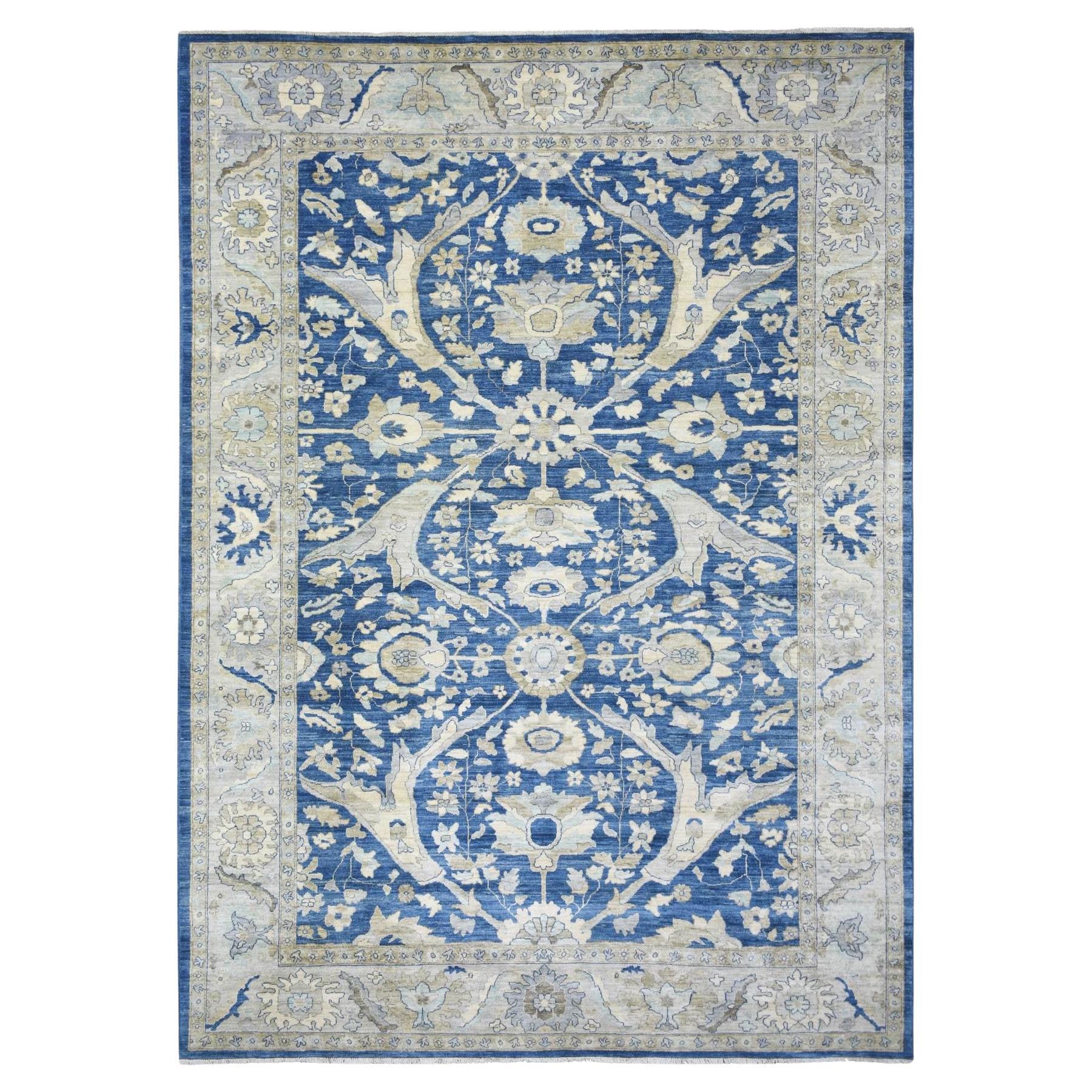 8'10 "x12'4" Denim Blue Soft Wool annodato a mano Fine Peshawar Flower Design Rugs in vendita