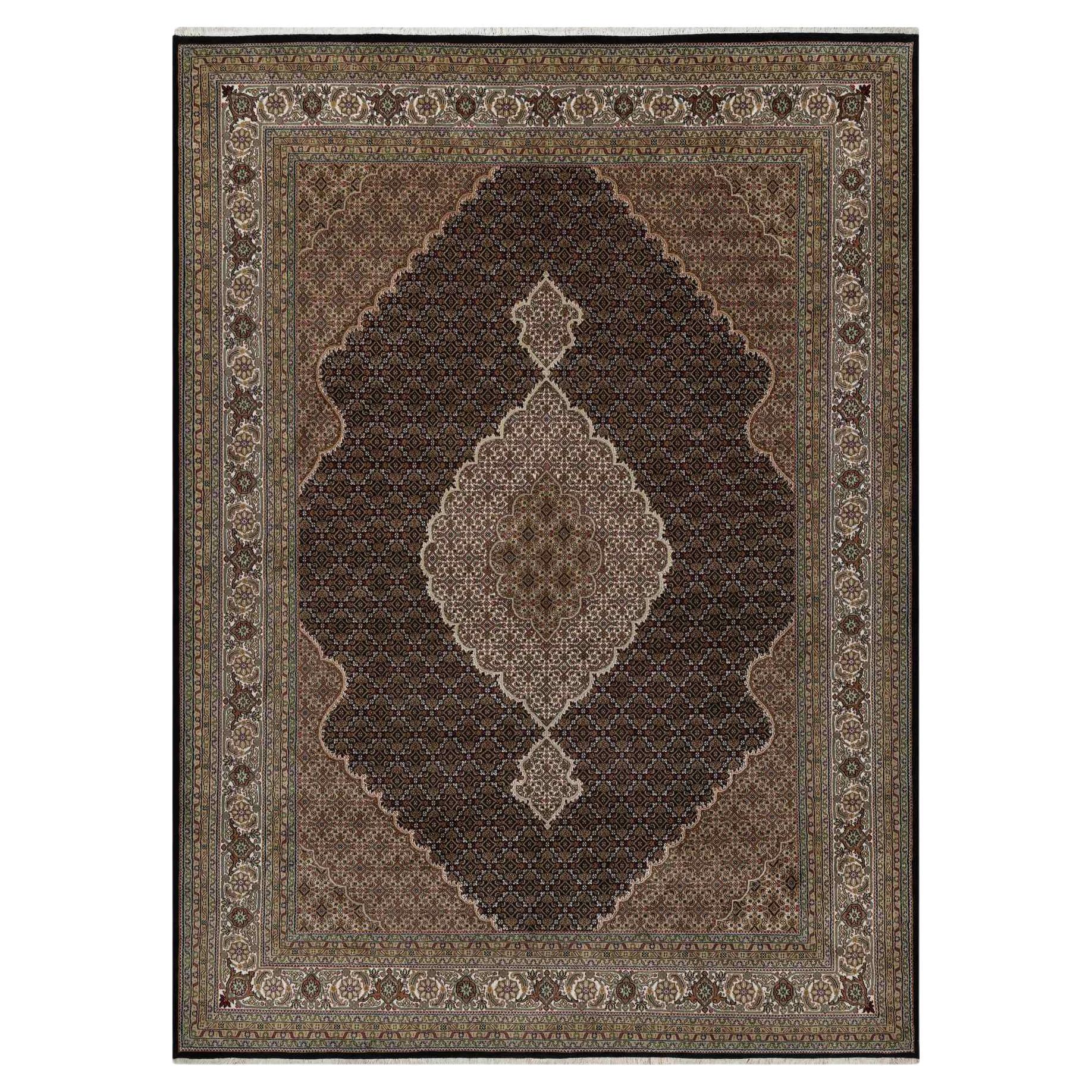 8'10 "x12'5" Tabriz Mahi noir avec Fish Design/One Tapis en laine noué à la main